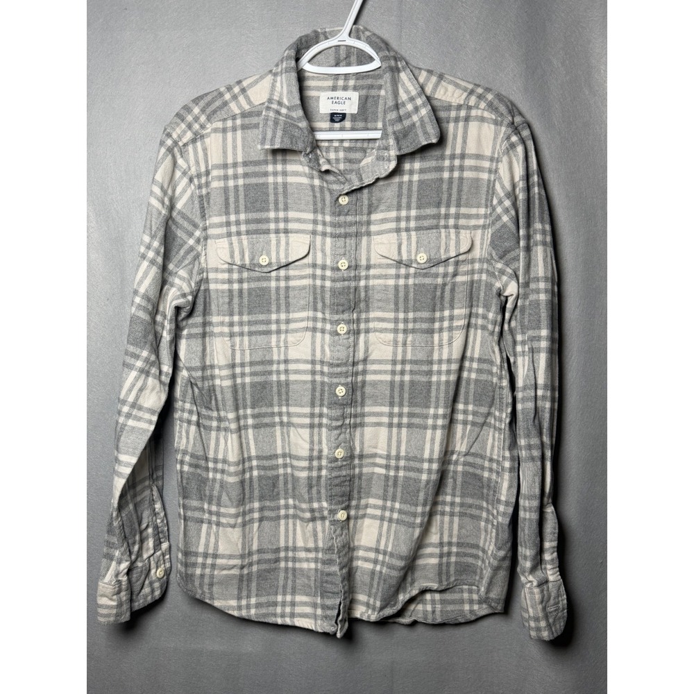 American Eagle Super Soft Flannel Shirt Mens Medium Gray Cream Plaid Button Down